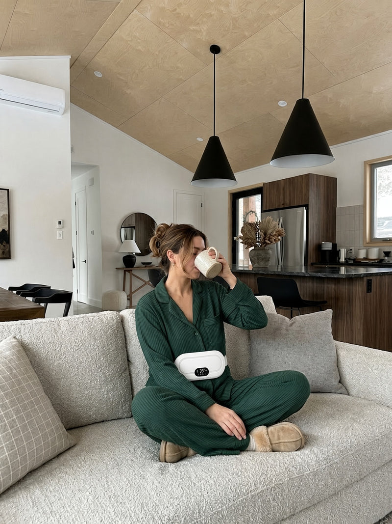[blanc] Ceinture chauffante AMBELLI blanche portée pendant une pause sur le canapé