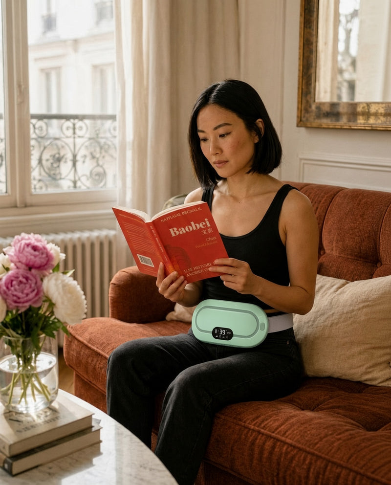 [vert] Ceinture chauffante AMBELLI verte portée pendant une pause lecture