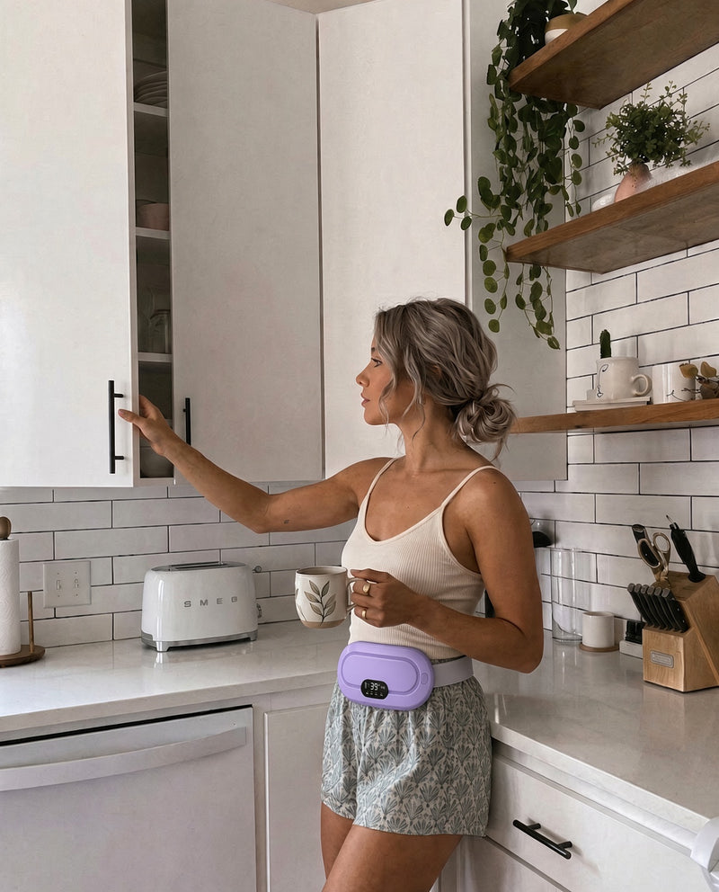 [violet] Ceinture chauffante AMBELLI violette portée dans la cuisine