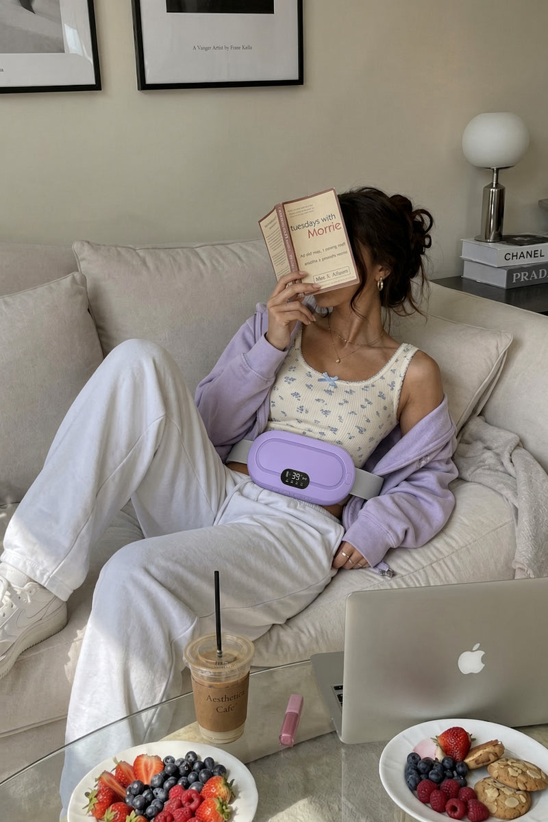 [violet] Ceinture chauffante AMBELLI violette portée pendant une pause lecture sur le canapé